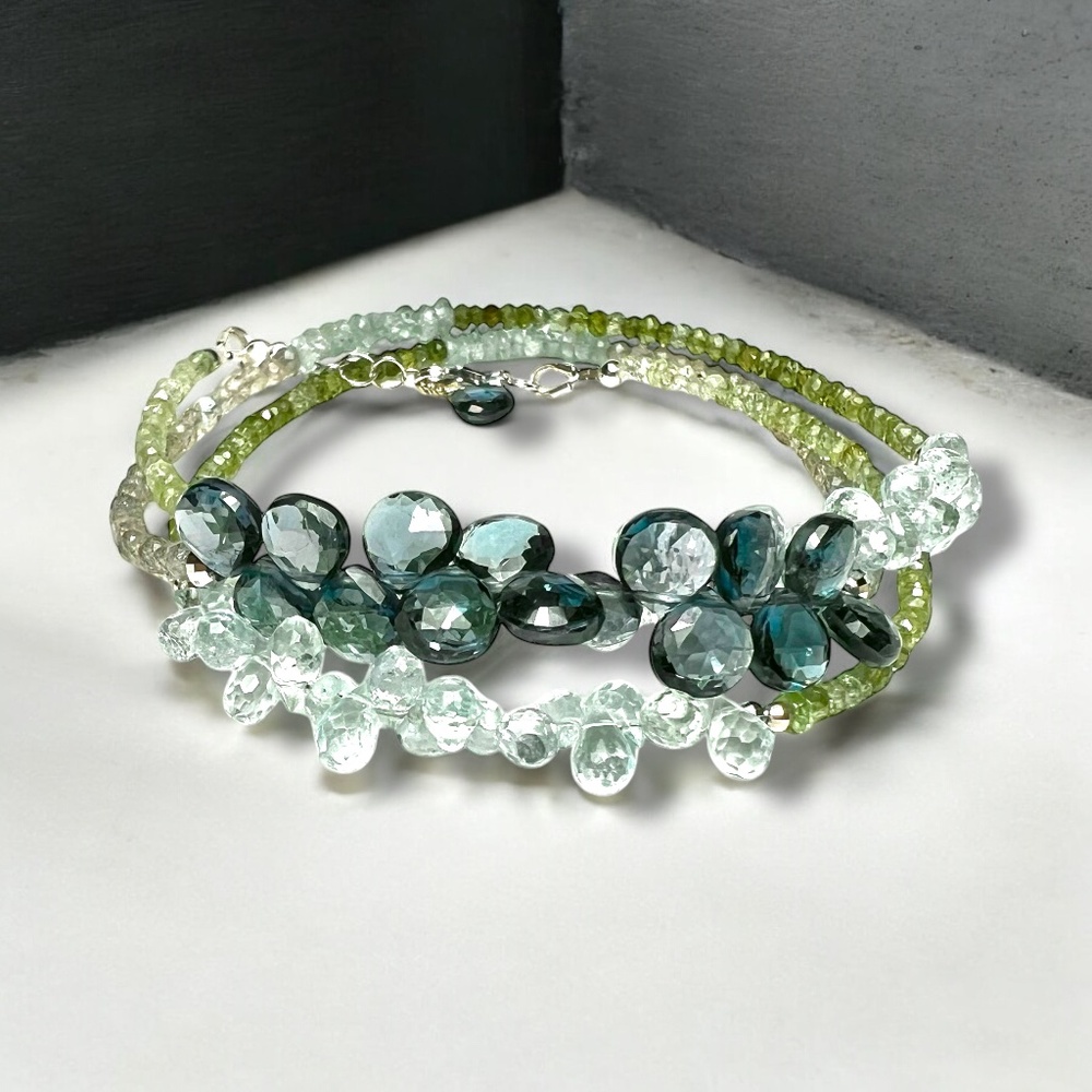 Tourmaline, London Blue Topaz Necklace or Bracelet, 14k White Gold 21.3"